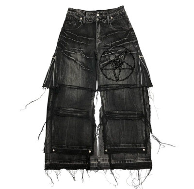 Custom Bulk Gothic Denim Pants – Distressed Wide-Leg Jeans with Skull Print and Zipper Accents