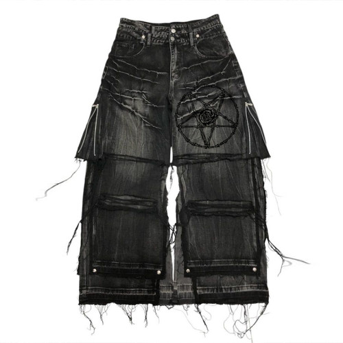 Custom Bulk Gothic Denim Pants – Distressed Wide-Leg Jeans with Skull Print and Zipper Accents