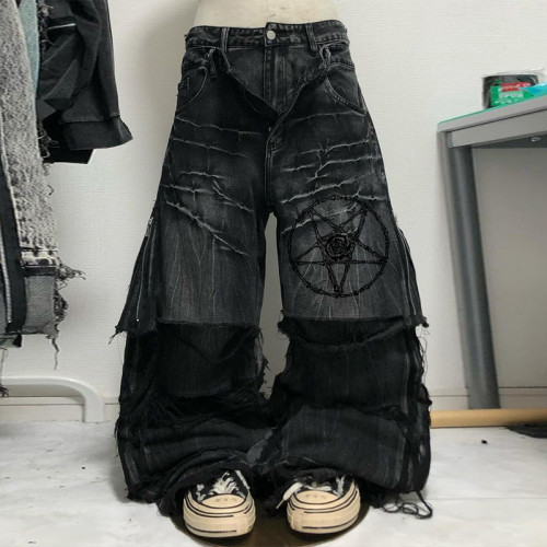 Custom Bulk Gothic Denim Pants – Distressed Wide-Leg Jeans with Skull Print and Zipper Accents