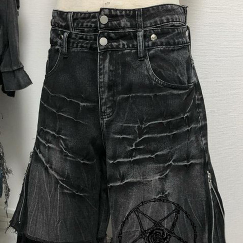 Custom Bulk Gothic Denim Pants – Distressed Wide-Leg Jeans with Skull Print and Zipper Accents