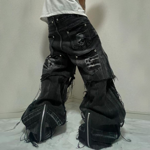 Custom Bulk Gothic Denim Pants – Distressed Wide-Leg Jeans with Skull Print and Zipper Accents