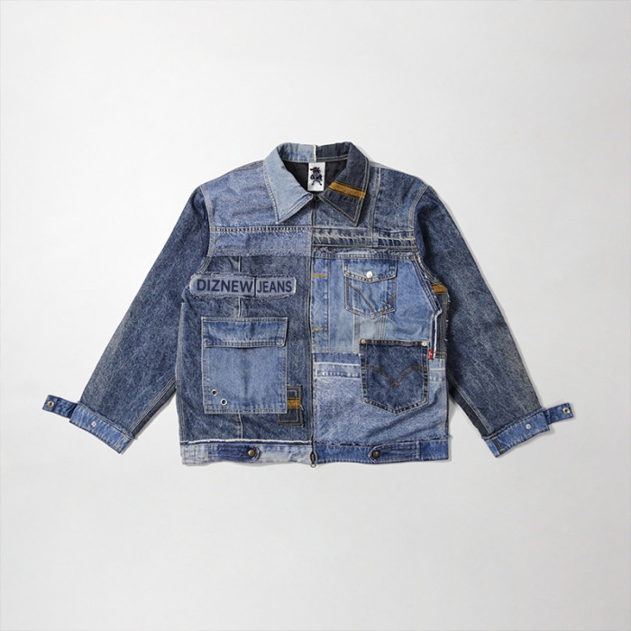 Individuelle Patchwork-Jeansjacke – Vintage-Stil mit Multi-Taschen-Design