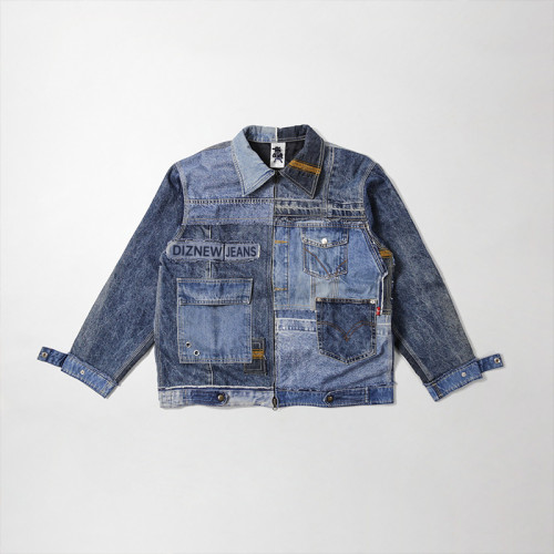 Custom Bulk Patchwork Denim Jacket – Vintage Style with Multi-Pocket Design