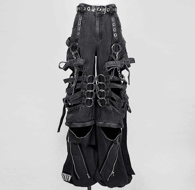 Custom Bulk Gothic Black Denim Pants with Chains & Straps | Edgy Streetwear for Unique Styles