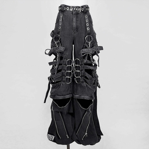 Custom Bulk Gothic Black Denim Pants with Chains & Straps | Edgy Streetwear for Unique Styles