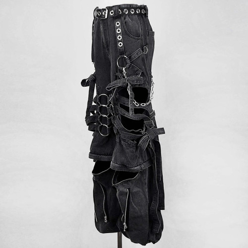 Custom Bulk Gothic Black Denim Pants with Chains & Straps | Edgy Streetwear for Unique Styles