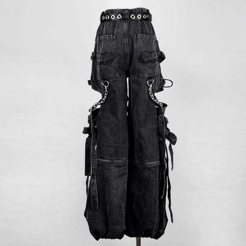 Custom Bulk Gothic Black Denim Pants with Chains & Straps | Edgy Streetwear for Unique Styles