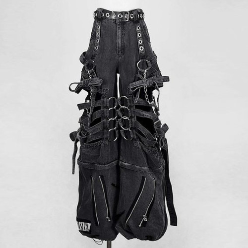 Custom Bulk Gothic Black Denim Pants with Chains & Straps | Edgy Streetwear for Unique Styles