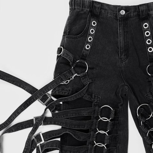 Custom Bulk Gothic Black Denim Pants with Chains & Straps | Edgy Streetwear for Unique Styles