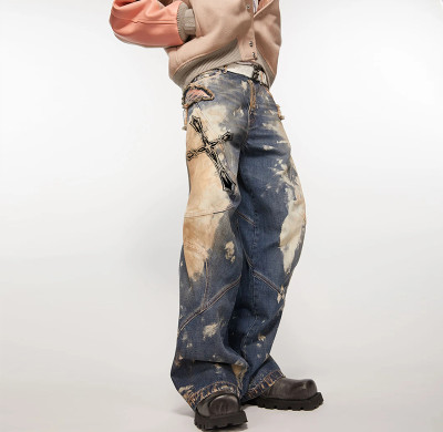 Custom Bulk Vintage Washed Denim Jeans with Distressed Gothic Cross Design