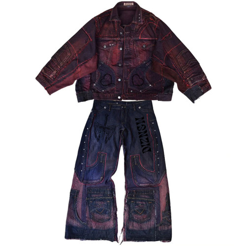 Custom Bulk Distressed Denim Set: Personalized Jacket & Wide-leg Jeans with Red Stitching