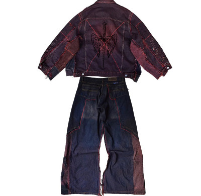 Custom Bulk Distressed Denim Set: Personalized Jacket & Wide-leg Jeans with Red Stitching