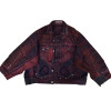 Conjunto de mezclilla desgastada personalizado a granel: chaqueta personalizada y jeans de pierna ancha con costuras rojas