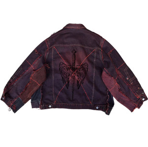 Custom Bulk Distressed Denim Set: Personalized Jacket & Wide-leg Jeans with Red Stitching
