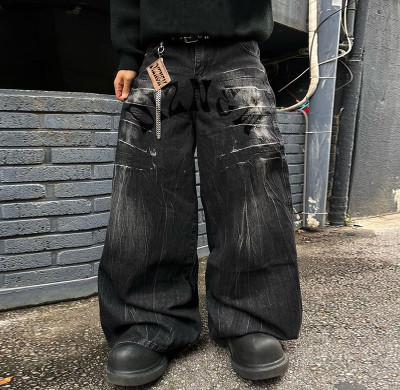 Custom Bulk Black Wide-leg Denim Pants: Distressed Graffiti-inspired Streetwear Style