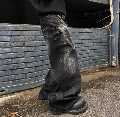 Custom Bulk Black Wide-leg Denim Pants: Distressed Graffiti-inspired Streetwear Style