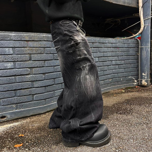 Custom Bulk Black Wide-leg Denim Pants: Distressed Graffiti-inspired Streetwear Style