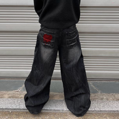 Custom Bulk Black Wide-leg Denim Pants: Distressed Graffiti-inspired Streetwear Style