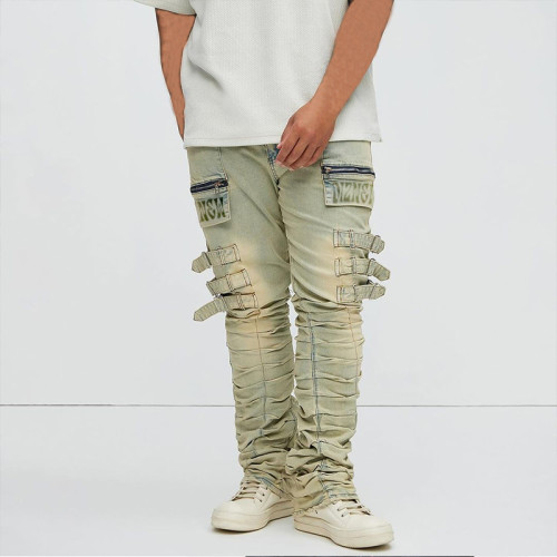 Custom Beige Stacked Skinny Men's Jeans with Multi-buckle Straps and Zipper Details