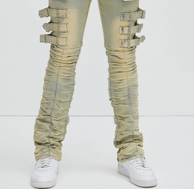 Custom Beige Stacked Skinny Men's Jeans with Multi-buckle Straps and Zipper Details