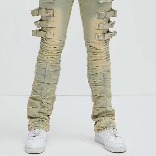 Custom Beige Stacked Skinny Men's Jeans with Multi-buckle Straps and Zipper Details