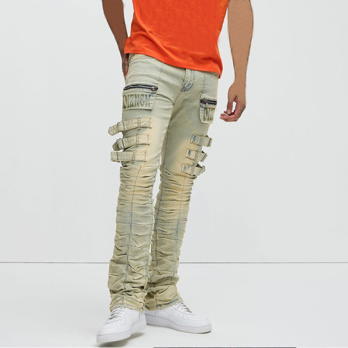 Custom Beige Stacked Skinny Men's Jeans with Multi-buckle Straps and Zipper Details