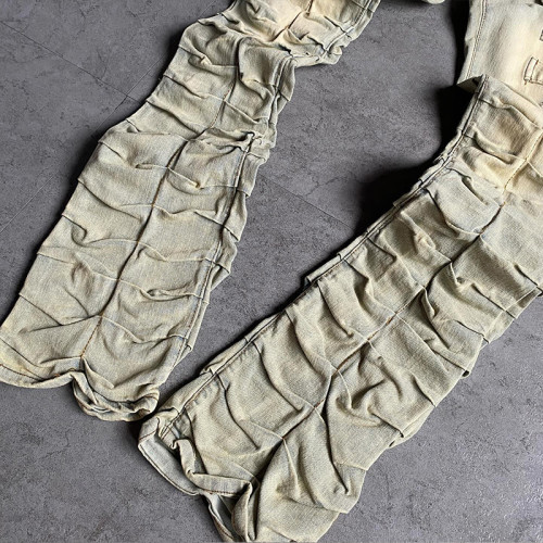 Custom Beige Stacked Skinny Men's Jeans with Multi-buckle Straps and Zipper Details