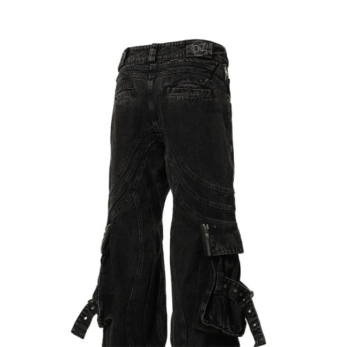 Custom Black Wide-Leg Gothic Jeans with Cross Embroidery and Buckle Details