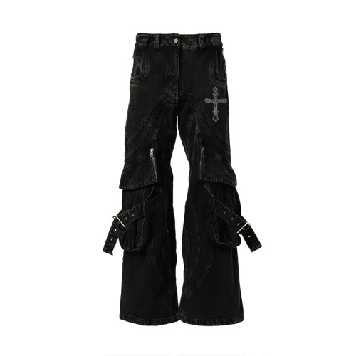 Custom Black Wide-Leg Gothic Jeans with Cross Embroidery and Buckle Details