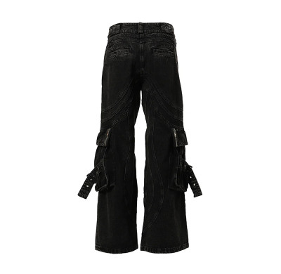 Custom Black Wide-Leg Gothic Jeans with Cross Embroidery and Buckle Details
