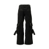 Maßgeschneiderte schwarze Gothic-Jeans mit weitem Bein, Kreuzstickerei und Schnallendetails