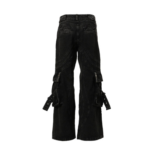 Custom Black Wide-Leg Gothic Jeans with Cross Embroidery and Buckle Details