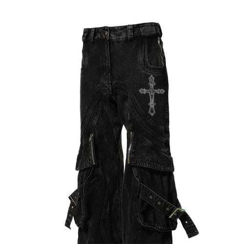 Custom Black Wide-Leg Gothic Jeans with Cross Embroidery and Buckle Details