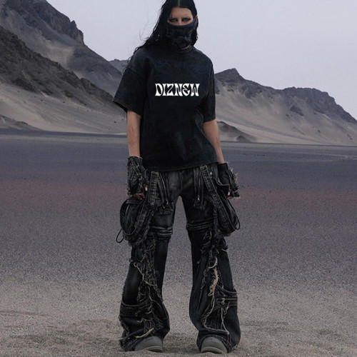 Custom Gothic Distressed Wide-Leg Jeans with Cargo Pockets and Punk-Inspired Details