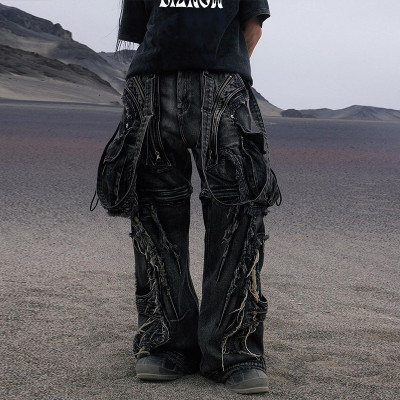 Custom Gothic Distressed Wide-Leg Jeans with Cargo Pockets and Punk-Inspired Details