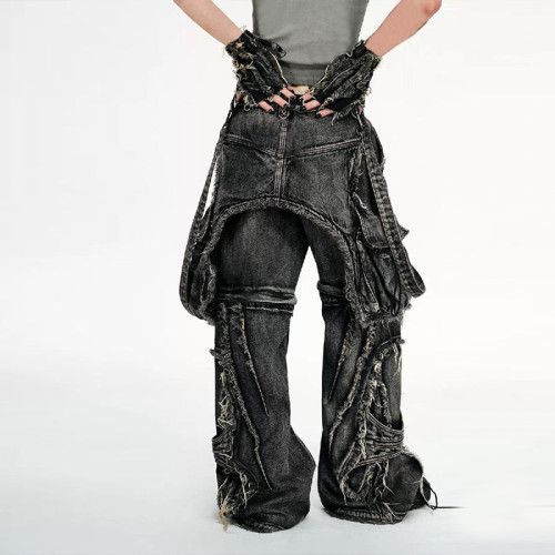 Custom Gothic Distressed Wide-Leg Jeans with Cargo Pockets and Punk-Inspired Details