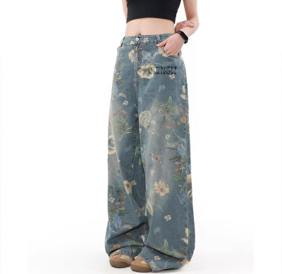 Custom Digital Printing Floral Women Jeans - High-Waist Wide-Leg Denim Pants