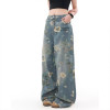 Jean floral personnalisé pour femme avec impression numérique - Pantalon en denim taille haute à jambes larges