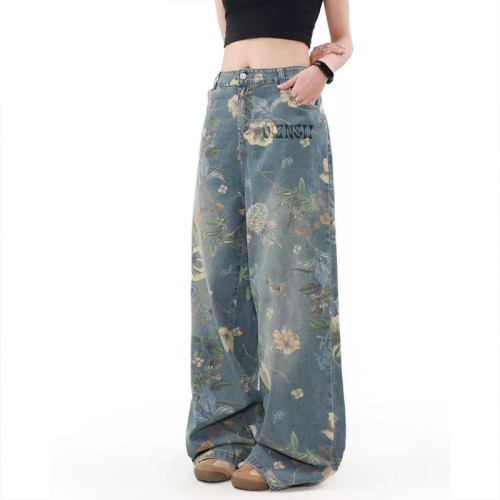 Custom Digital Printing Floral Women Jeans - High-Waist Wide-Leg Denim Pants