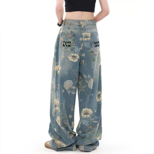 Custom Digital Printing Floral Women Jeans - High-Waist Wide-Leg Denim Pants