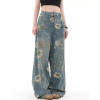 Jean floral personnalisé pour femme avec impression numérique - Pantalon en denim taille haute à jambes larges