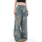 Custom Digital Printing Floral Women Jeans - High-Waist Wide-Leg Denim Pants