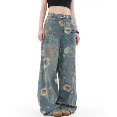 Custom Digital Printing Floral Women Jeans - High-Waist Wide-Leg Denim Pants