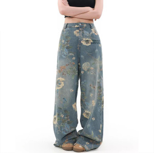 Jeans für Damen mit Blumenmuster und individuellem Digitaldruck - Jeanshose mit hoher Taille und weitem Bein