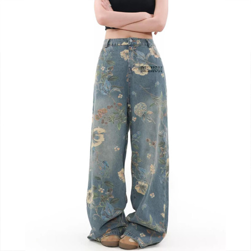 Custom Digital Printing Floral Women Jeans - High-Waist Wide-Leg Denim Pants