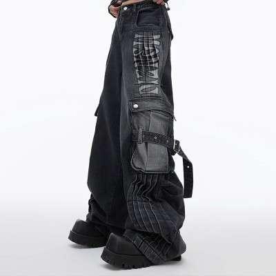 Custom Services Black Wide-Leg Utility Jeans - Tactical Streetwear Style