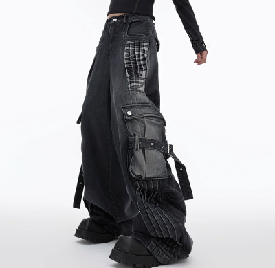 Custom Services Black Wide-Leg Utility Jeans - Tactical Streetwear Style