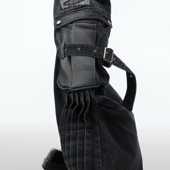 Custom Services Black Wide-Leg Utility Jeans - Tactical Streetwear Style