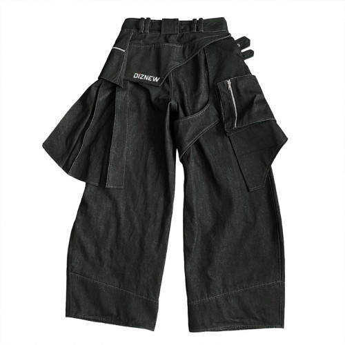 Custom Layered Black Denim Pants - Avant-Garde Streetwear Solutions