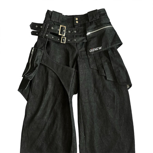 Custom Layered Black Denim Pants - Avant-Garde Streetwear Solutions